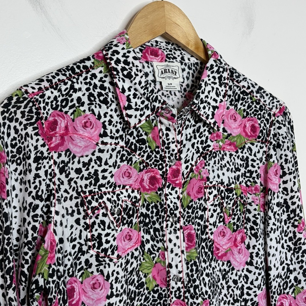 Ariat Rose Floral Leopard Snap Western Shirt Womens Small Cowgirl Rodeo Country - Picture 2 of 8